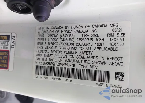 2021 Honda Cr-V Awd Ex-L из США, поврежденный, VIN 2HKRW2H83MH653779